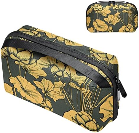 Taşıma çantası Seyahat kılıf çanta USB kablo düzenleyici Cep Aksesuar Fermuar Cüzdan, Vintage Altın Lotus Gri Çiçek