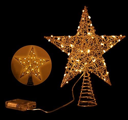 Altın Boncuklu Homewit Noel Ağacı Topper Yıldızı, Noel Süsleri ve Tatil Mevsimlik Dekoru için sıcak ve zamanlayıcı ışıklı 11,8 inç