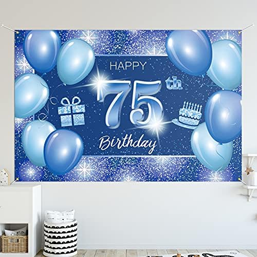 5665 Mutlu 75th Doğum Günü Backdrop Banner Dekor Mavi Nokta Glitter Sparkle 75 Yaşında Doğum Günü partisi Tema Süslemeleri Erkekler