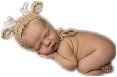 Vemonllas Yenidoğan Fotoğraf Sahne Noel Geyik Uykulu Şapka Bonnet Tığ Örme Erkek Kız Bebek Fotoğraf Sahne Kap Bej