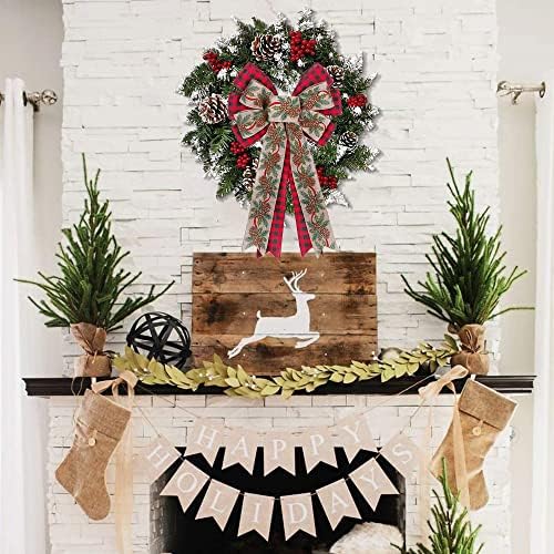 Büyük Noel Çelenk Yay Çuval Bezi Buffalo Ekose Hediye Yay Noel Ağacı Yaylar Düğüm Ön Kapı Kiraz Kuşu Çelenk Kapı Duvar Süslemeleri