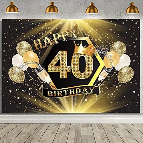 AIBIIN Mutlu 40th Doğum Günü Zemin Afiş Kadın Erkek Siyah ve Altın Doğum Günü Zemin Arka Plan Glitter Altın Balonlar Fotoğraf Arka