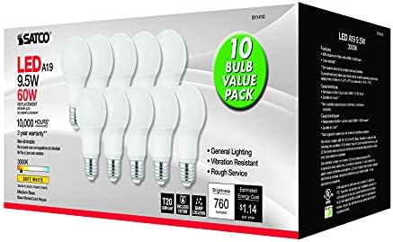 Satco S11410 9,5 Watt A19 LED ampuller, 60 Watt Değiştirme, 3000K Sıcak Beyaz, 760 Lümen, 10 Paket