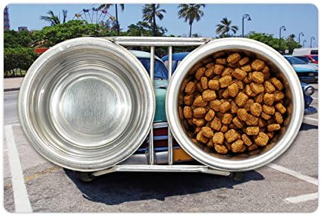 Yiyecek ve Su için Lunarable Vintage Pet Mat, Yolda Renkli Vintage Amerikan Arabaları ve Etrafındaki Ağaçlar Dijital Retro Baskı, Köpekler