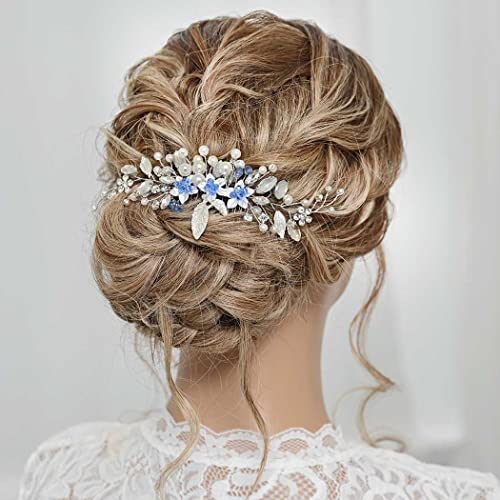 Gorais Kristal Gelin Düğün Saç Tarak Gümüş Çiçek Yaprak Gelin saç parçası Mavi Rhinestone Saç Dekorasyon Inci saç aksesuarları Kadınlar