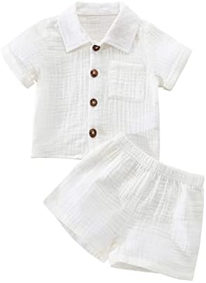 Bebek Erkek Giysileri Set Yürüyor Bebek Boys Düğme-aşağı Gömlek Tops + Pamuk Gazlı Bez Şort Yaz Kıyafet 2 ADET Cepler ile