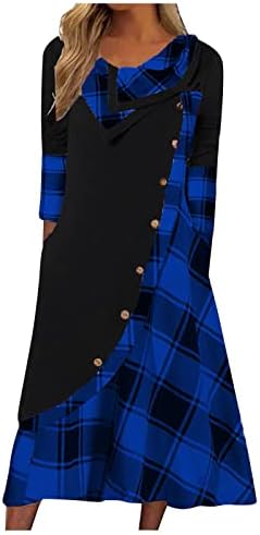 NOKMOPO Elbiseler Kadınlar için 2022 kadın Moda Ekose Dikiş Düğme Cepler Boyun Uzun Kollu Elbise