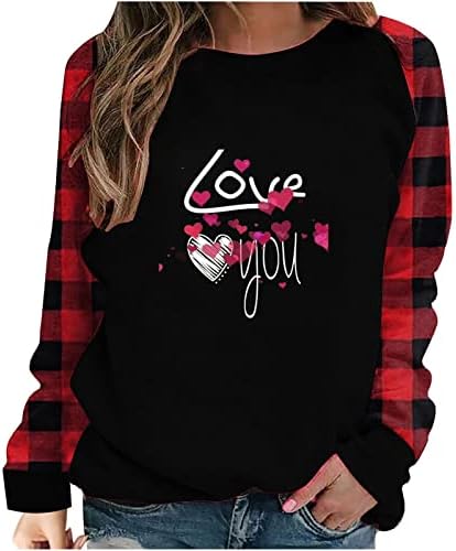AŞK Leopar Ekose Uzun Kollu Üstleri Kadınlar için Sevimli Crewneck Kalp Grafik Tunik T Shirt Buffalo Ekose Patchwork Bluz