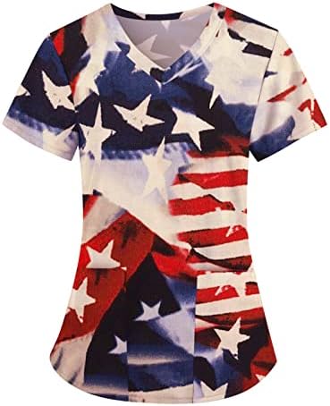 Bağımsızlık Günü Çalışma Üstleri Kadın Amerikan Bayrağı Tees Gömlek Yıldız Çizgili Kısa Kollu V Boyun 4th Temmuz Cep Tee
