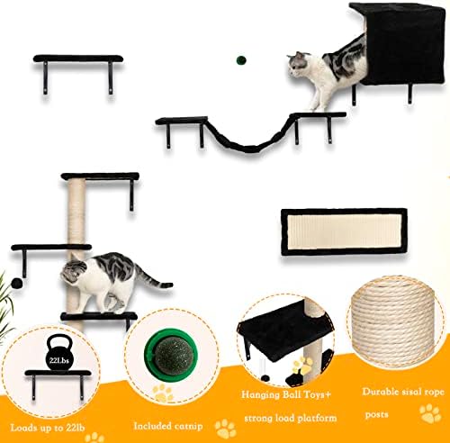 5 Adet duvara monte kedi tırmanıcı seti, Modern ahşap kapalı kedi mobilyaları, kedi duvar rafları Bir kedi evi, bir kedi köprüsü, bir