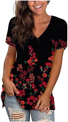 Yaz Casual Tunik Üstleri Kadınlar için Moda Çiçek Baskılı T Shirt V Boyun Kısa Kollu Bluzlar 2023 Şık Gömlek