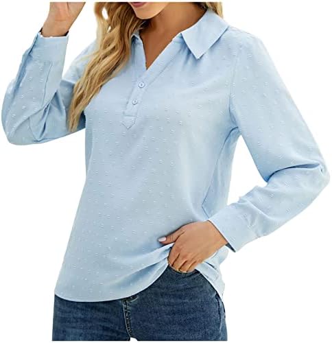 Yaka Henley Gömlek Kadınlar için Rahat Şık Ofis İş Üstleri Pom Pom Düğme V Boyun Uzun Kollu Sonbahar Tunik POLO GÖMLEK