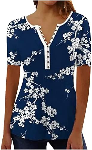 Çiçek Baskı Tunik Üstleri Kadınlar için Yaz Şık Rahat Kısa Kollu Gömme Henley En Moda V Yaka T Gömlek Bluz