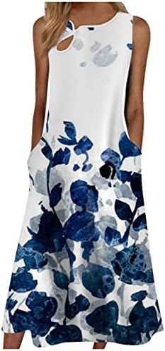 Kadınlar için yaz Elbiseler 2023 Casual Boho Çiçek Elbise Anahtar Deliği Boyun Kolsuz A-Line Midi Sundress Cepler ile