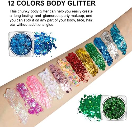 12 Renkler Vücut Glitter Jel Kiti, Süper Uzun Ömürlü Holografik Tıknaz Glitter Jel Festivali Parti Makyaj için Yüz, Vücut, Saç, Tırnak