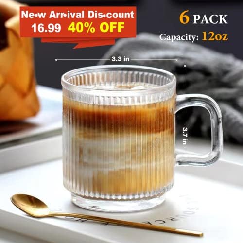 Qıpecedm 6 PAKET Premium Cam Kahve Kulplu kupalar, 12 OZ Klasik Dikey Çizgili Cam Kahve Fincanları, Sıcak/Soğuk İçecekler için Şeffaf