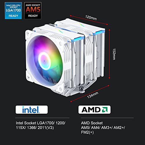 Vetroo U6 Beyaz Çift Kule CPU Soğutucu - 220W TDP, 6 ısı Borusu, Üst ARGB Aydınlatma, 120mm ARGB ve PWM Fan ile Uyumlu Intel LGA 1700/1200