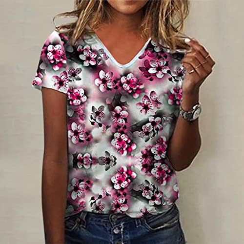 Kadın Atletik T Shirt Yaz Bayan Kısa Kollu V Boyun Çiçek Baskılı Üst T Shirt Casual Gömlek Tee Tunik