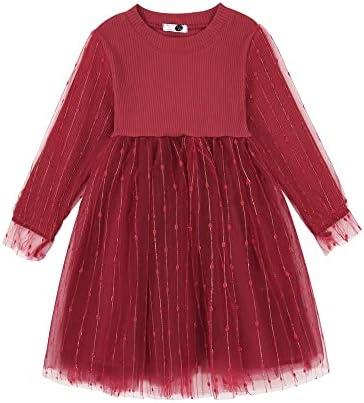 Toddler Bebek kız Sonbahar Elbise Kıyafet Örgü Uzun Kollu Kabarık Altın Tel Dekorasyon Tül Elbise Prenses Elbise