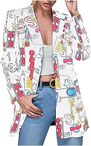 HGps8w kadın Uzun Kollu Blazer Şık Yaka Düğmesi Pop Art Graffi Baskı Renkli Çalışma Ofisi Takım Elbise Ceketleri Cepler ile