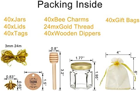 Ahhute 40'lı 1,5 oz Mini Altıgen Cam Bal Kavanozları-Ahşap Kepçeli Küçük Bal Kavanozları, Arı Takılar, Altın Hediye Çantaları ve Altın