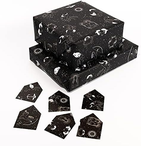 MERKEZİ 23-Siyah Ambalaj Kağıdı-Zodyak-Yıldız İşaretleri-6 Yaprak Doğum Günü Hediyesi Paketi-Gotik Astroloji-Noel için-Gençler Erkekler