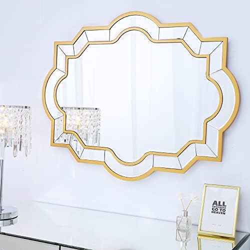 Chende Altın Ayna Duvar Dekoru, Eğimli Kenarlı 36 X 28 İnç Büyük Banyo Duvar Aynası, Modern Düzensiz Dekoratif Ayna, Yatay veya Dikey