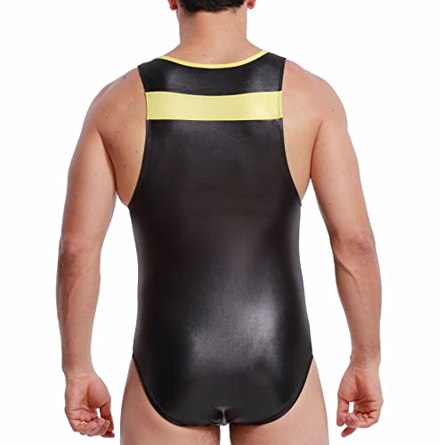 Sissy Metalik Bodysuit Leotard Erkekler için Tek Parça Suni Deri Tanga Tulum Kolsuz Sıkı güreş atleti (Siyah, Küçük)