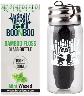 BOONBOO Diş İpi / 100FT / 30M Bambu Kömür Dokuma Elyaf | Aromasız ve Vegan Balmumu / Kesme Kapaklı Doldurulabilir Cam Şişe Dispenseri