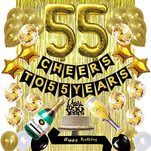 Altın 55th Doğum Günü Süslemeleri kiti-Şerefe 55 Yıl Afiş Balonlar ve Kek Topper, Mutlu Doğum Günü Kanat, Altın Cicili Bicili Folyo