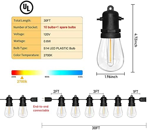 LED açık dize ışıkları S14 30FT veranda açık ışıkları ile 10 LED su geçirmez kırılmaz ışıklar ampul, UL listelenen için parti, pazar,