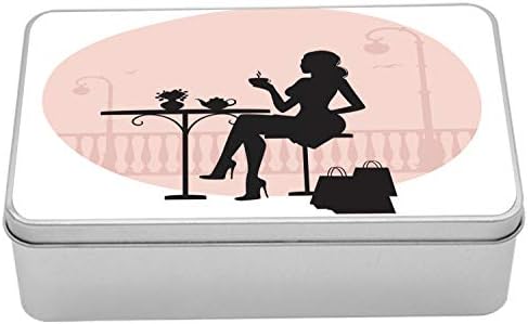 Ambesonne Vintage Kadın Teneke Kutu, Alışveriş Temasından Sonra bir Kafede Çay İçen Bir Kadının Silueti, Kapaklı Taşınabilir Dikdörtgen