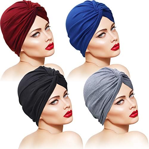 SATINIOR 4 Adet Türban Kadınlar için Yumuşak Önceden Bağlı Düğüm Moda Pilili Türban Kap Bere Headwrap Uyku Şapka, 4 Renk