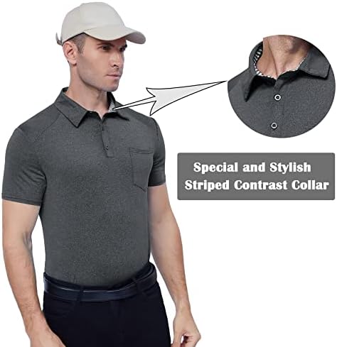 NeedBo Erkek Golf polo gömlekler Çabuk Kuru Nem Esneklik Performans Kısa Kollu Çizgili Yakalı cepli gömlek