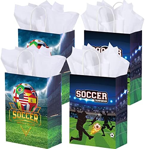 SPERPAND 24 Pcs Futbol hediye keseleri ile 24 Pcs Doku kağıtları, 8.7 Küçük Futbol Goody Şeker ikram çantaları için Kolları ile Parti