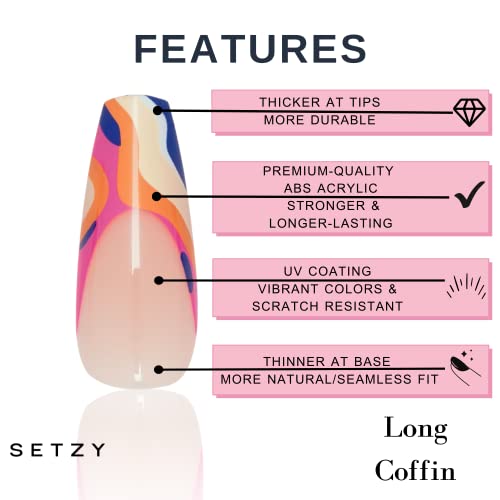 SETZY Press On Nails-Salon Kalitesinde Anında Manikür - Funk You - Renkli Tasarımlı Fransız Uçlu Tırnaklar-Uzun Tabut Tırnakları-Güçlü