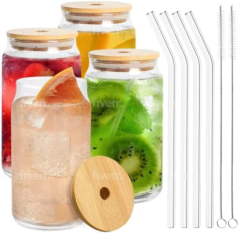 içme bardakları [4 paket] bambu kapaklı ve 2 fırça temizleyicili 16 OZ ve yeniden kullanılabilir cam turşu kavanozu bardak, bambu bardak,