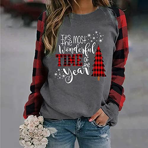 Noel Tişörtü Kadınlar için Sevimli Buffalo Ekose Moda Hoodies Noel Santa Kar Tanesi Raglan Kollu Genç Üstleri