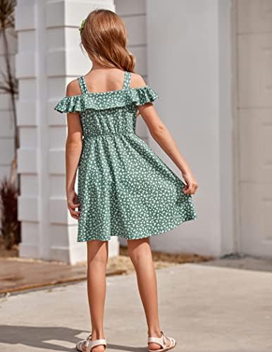 Greatchy Kızlar yaz elbisesi Pamuk Düğme Soğuk Omuz Ruffles Spagetti Kayışı Casual Sundress Plaj Kolsuz Midi Elbise