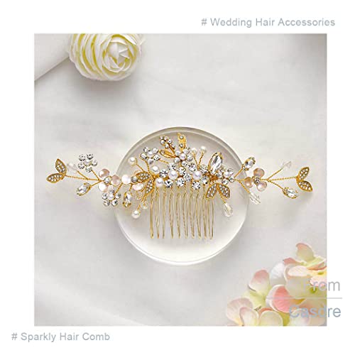 Casdre Kristal Gelin Düğün Saç Tarak Rhinestone Gelin saç parçası Çiçek saç aksesuarları Kadınlar ve Kızlar ıçin (C Altın)