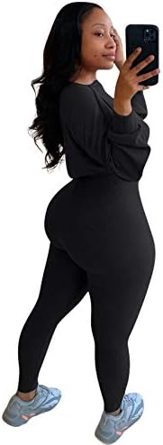 IyMoo Kadınlar 2 Parça Kıyafetler Eşofman Seti-Uzun Kollu Nervürlü Kırpma Üst + Sıska Uzun Pantolon Eşofman Jogger Seti