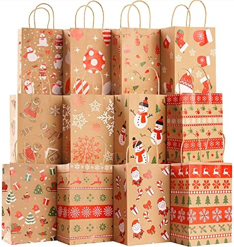 DERAYEE 24 Adet Noel Kraft hediye keseleri, Noel Çeşitli Kağıt Goodie Çanta Toplu kolu ile Noel Partisi için İyilik Malzemeleri (5.9”*3.5”*9”)