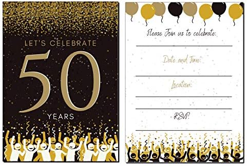 Elcer 50th Doğum Günü Partisi Davetiyeleri / 50 Yıl | Mutlu 50 Yıldönümü / Siyah ve Altın / Konfeti Flamalar Parti Davetiyeleri / Stil