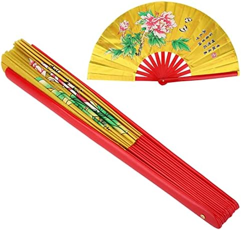 AYNEFY Tai Chi Fan, Tai Chi Dövüş sanatları Kung Fu Bambu ipek yelpaze Sağ El Wushu Dans Uygulama Egzersiz (Kırmızı) (Altın)