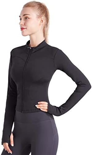 BAŞKA bir SEÇENEK Kadınlar Zip Up Egzersiz Ceketi, Başparmak Delikli Slim Fit Atletik Yoga Ceketleri (Siyah, XL)