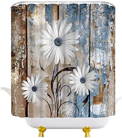 JEJOMEAG Rustik Çiçek Duş Perdesi Teal Çiçek Dahlia Ahır Ahşap Çiftlik Evi Ülke Turkuaz Mavi Kahverengi Vintage Yaratıcı Polyester