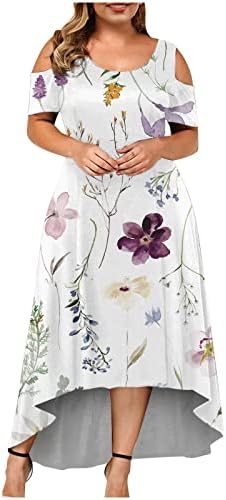 Kadın Artı Boyutu Midi uzun elbise Soğuk Omuz Kısa Kollu O Boyun Çiçek Baskı Yüksek Düşük Sundress Casual hamile elbiseleri