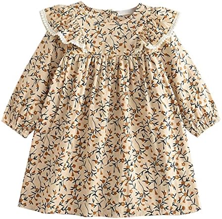Lamgool Bebek Kız Çiçek Elbise Yakalı Uzun Kollu Vintage Baskı Rahat Prenses Elbise Bahar 18M-6Y