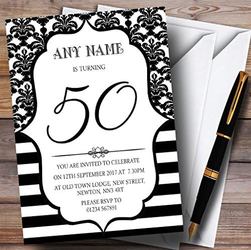 Vintage Şam Siyah & Beyaz 50 Kişiselleştirilmiş Doğum Günü Partisi Davetiyeleri