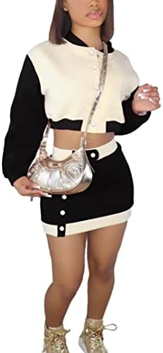 Kadın İki Parçalı Kıyafetler Rahat Uzun Kollu Düğme Beyzbol Ceket Mini Etek Seti Eşofman Clubwear S-2XL